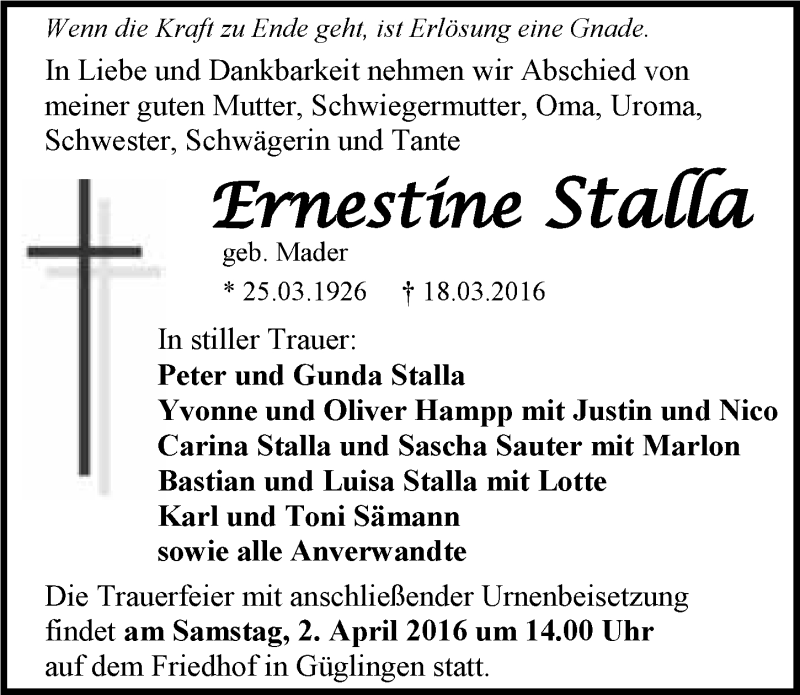  Traueranzeige für Ernestine Stalla vom 30.03.2016 aus 