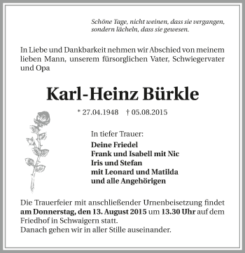 Traueranzeige von Karl-Heinz Bürkle 