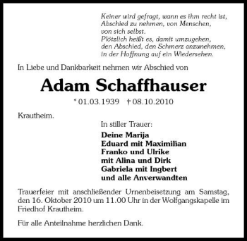 Traueranzeige von Adam Schaffhauser 