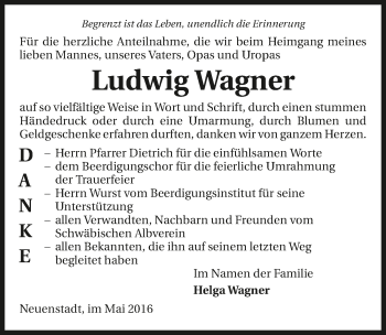 Traueranzeige von Ludwig Wagner