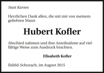 Traueranzeige von Hubert Kofler 