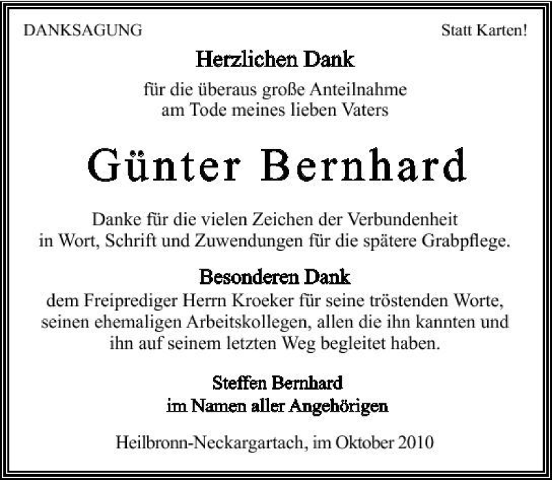  Traueranzeige für Günter Bernhard vom 20.10.2010 aus 