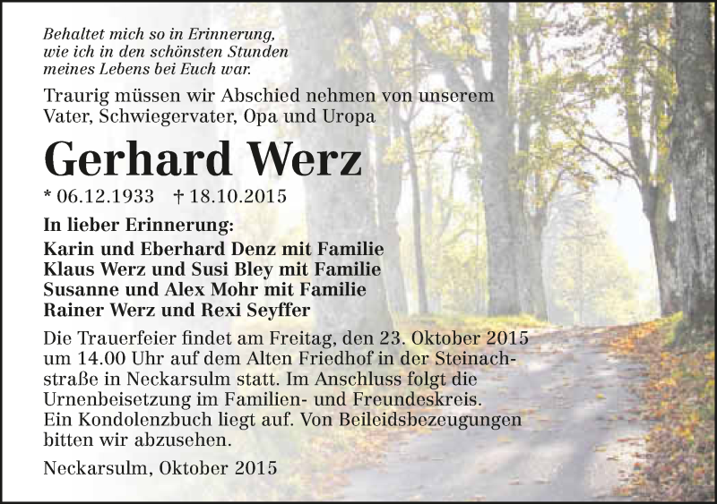  Traueranzeige für Gerhard Werz vom 21.10.2015 aus 