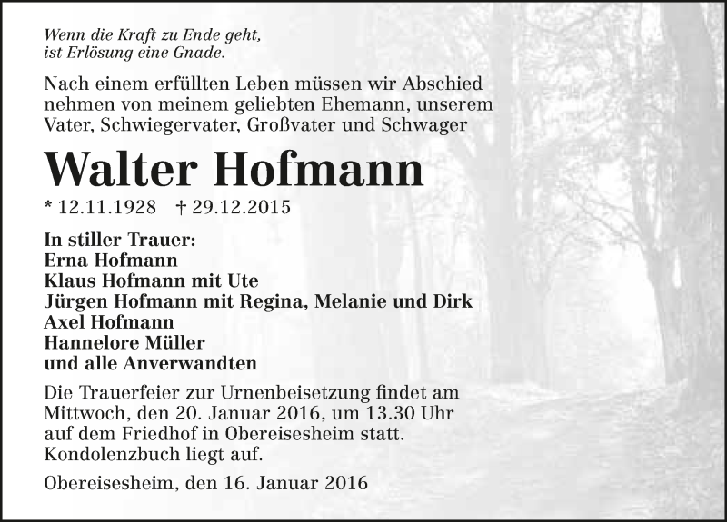  Traueranzeige für Walter Hofmann vom 16.01.2016 aus 