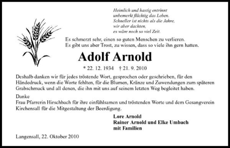  Traueranzeige für Adolf Arnold vom 22.10.2010 aus 