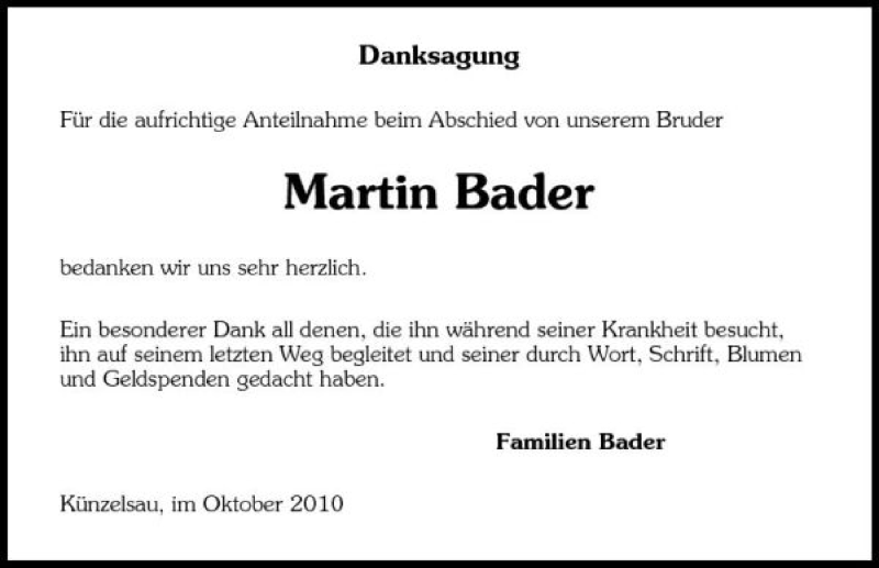  Traueranzeige für Martin Bader vom 22.10.2010 aus 