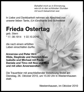Traueranzeige von Frieda Ostertag 