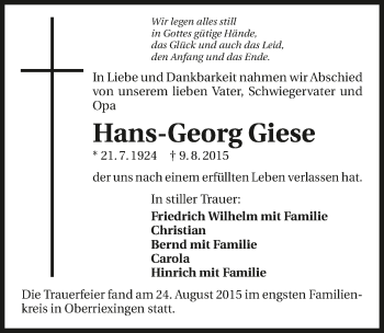 Traueranzeige von Hans-Georg Giese 