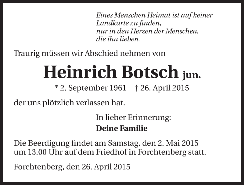  Traueranzeige für Heinrich Botsch vom 30.04.2015 aus 