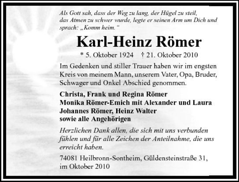  Traueranzeige für Karl-Heinz Römer vom 29.10.2010 aus 