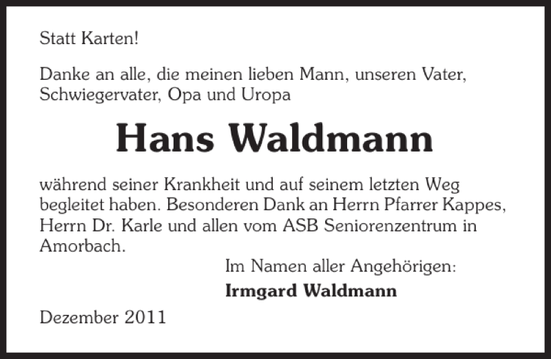  Traueranzeige für Hans Waldmann vom 20.12.2011 aus 