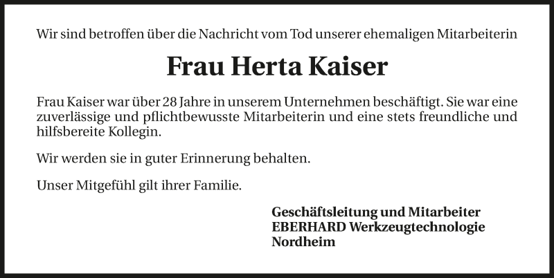  Traueranzeige für Herta Kaiser vom 25.11.2015 aus 