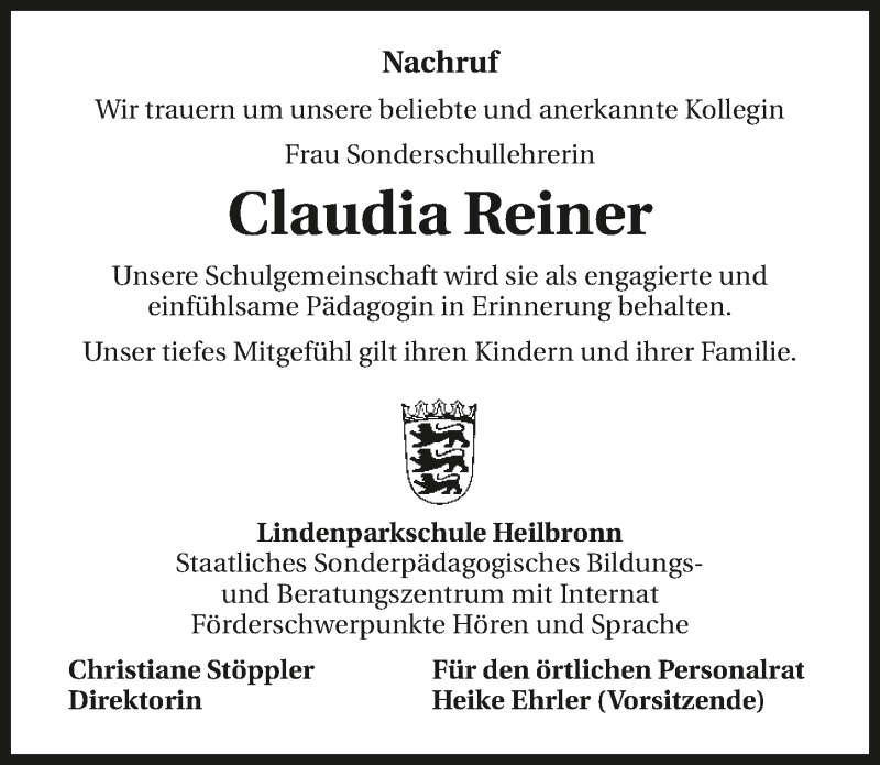  Traueranzeige für Claudia Reiner vom 17.03.2016 aus 