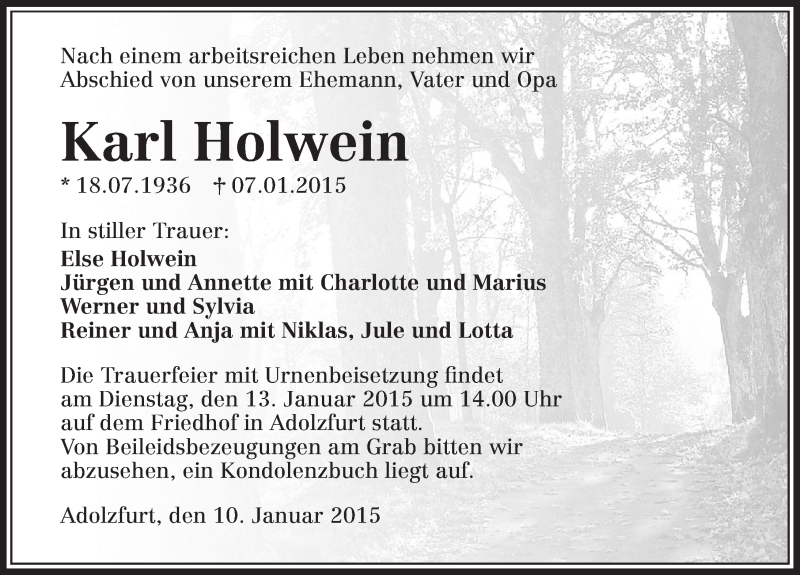  Traueranzeige für Karl Holwein vom 10.01.2015 aus 