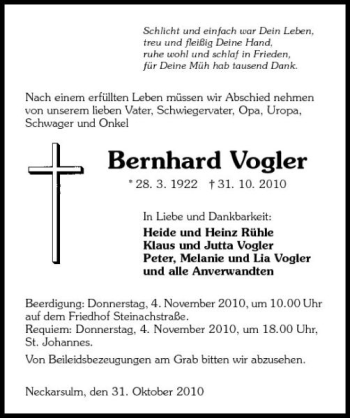 Traueranzeige von Bernhard Vogler 