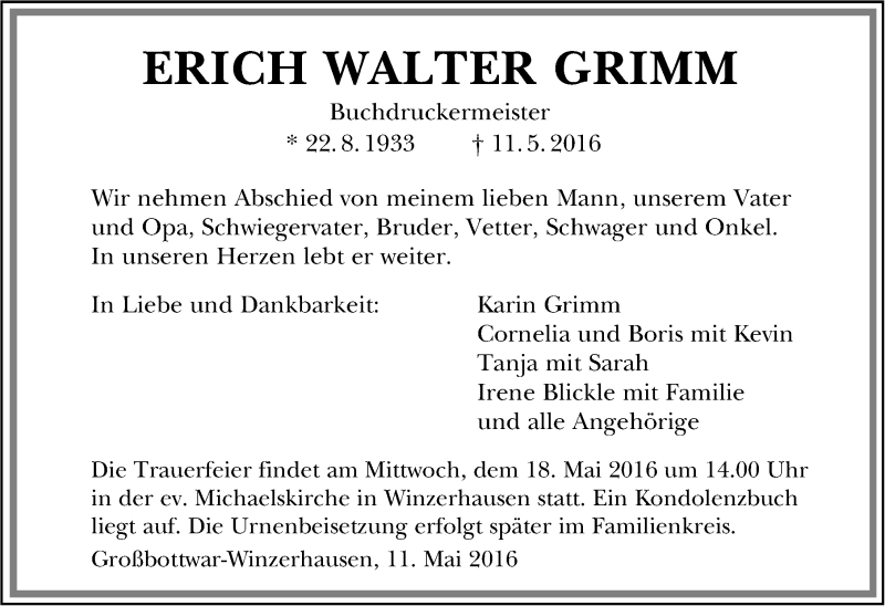  Traueranzeige für Erich Walter Grimm vom 14.05.2016 aus 