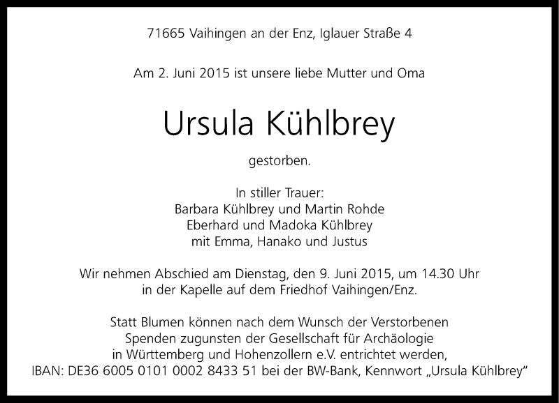  Traueranzeige für Ursula Kühlbrey vom 08.06.2015 aus 