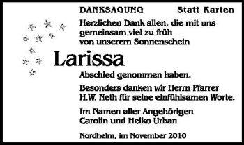 Traueranzeige von Larissa Urban 