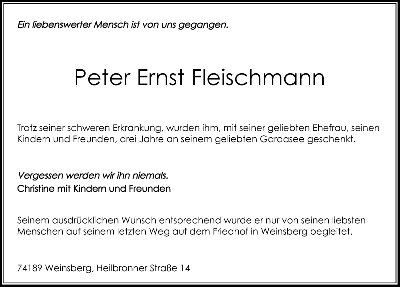  Traueranzeige für Peter Ernst Fleischmann vom 05.12.2015 aus 