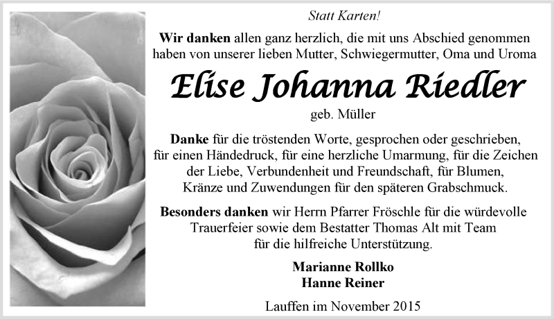  Traueranzeige für Elise Johanna Riedler vom 19.11.2015 aus 