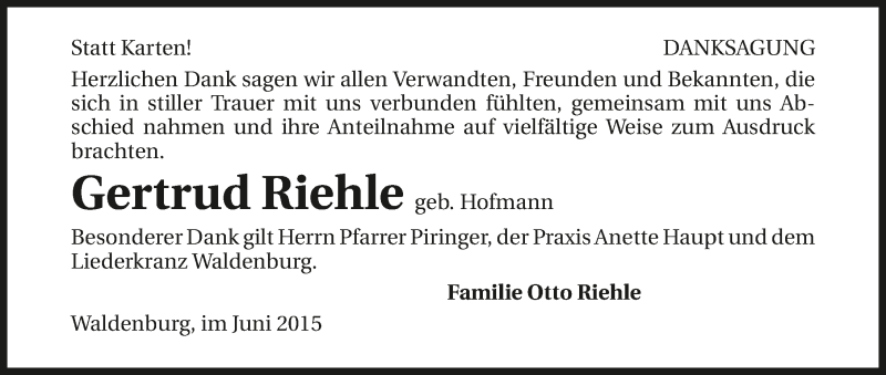 Traueranzeige für Gertrud Riehle vom 08.06.2015 aus 
