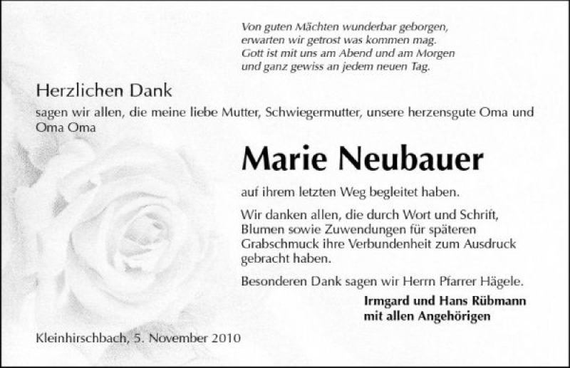  Traueranzeige für Marie Neubauer vom 05.11.2010 aus 
