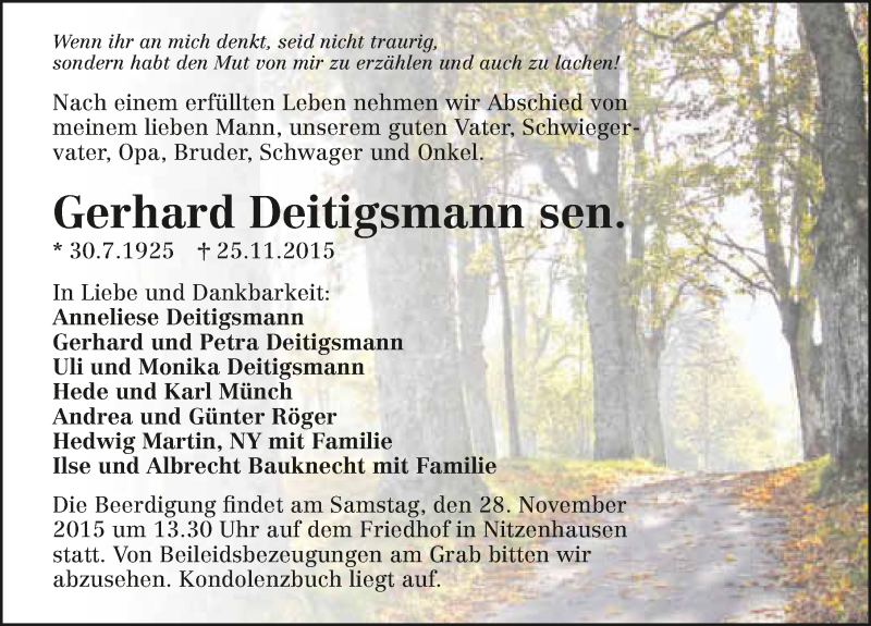  Traueranzeige für Gerhard Deitigsmann vom 27.11.2015 aus 