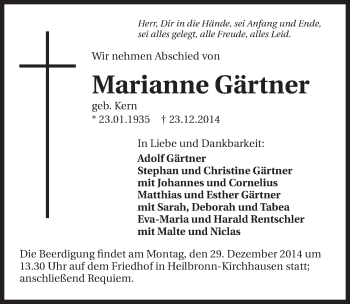 Traueranzeige von Marianne Gärtner 
