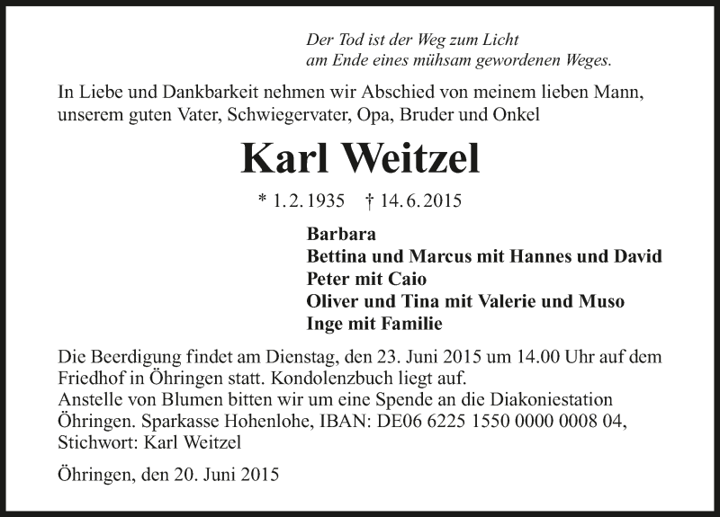  Traueranzeige für Karl Weitzel vom 20.06.2015 aus 