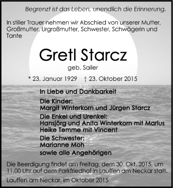 Traueranzeige von Gretl Starcz 