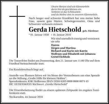 Traueranzeige von Gerda Hietschold 