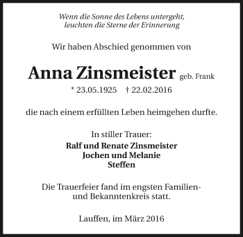 Traueranzeige von Anna Zinsmeister 