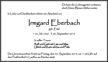 Traueranzeige von Irmgard Eberbach 