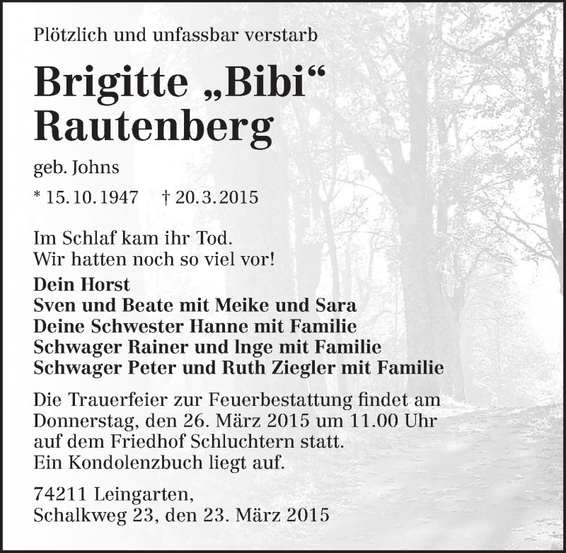  Traueranzeige für Brigitte Rautenberg vom 23.03.2015 aus 