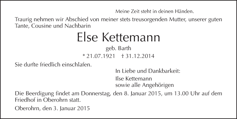  Traueranzeige für Else Kettemann vom 03.01.2015 aus 
