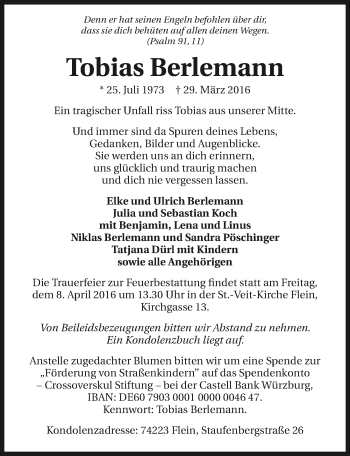Traueranzeige von Tobias Berlemann 