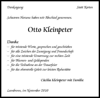 Traueranzeige von Otto Kleinpeter 