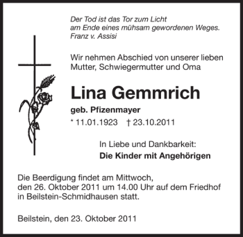 Traueranzeige von Lina Gemmrich 