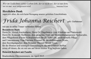 Traueranzeige von Frida Johanna Reichert 