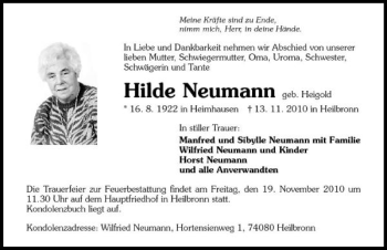 Traueranzeige von Hilde Neumann 