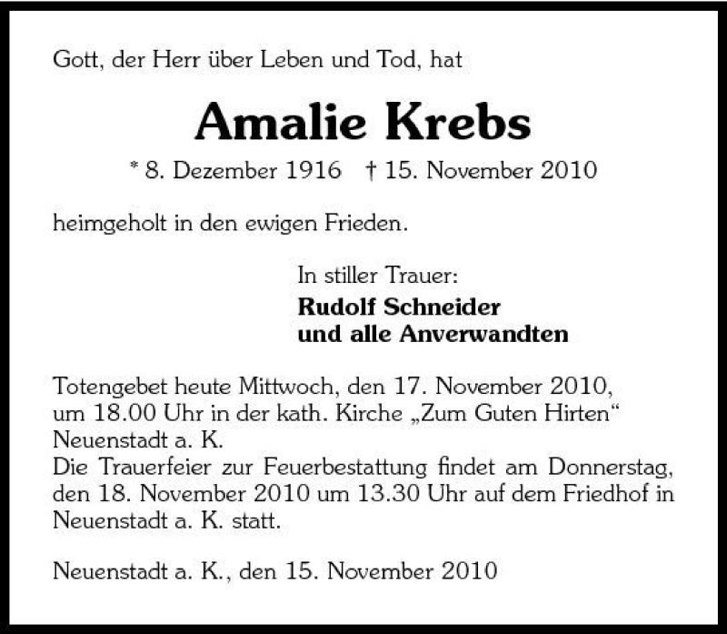  Traueranzeige für Amalie Krebs vom 17.11.2010 aus 