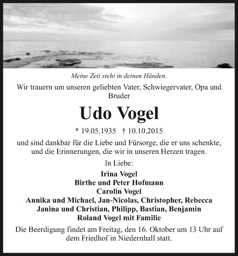 Traueranzeige für Udo Vogel vom 13.10.2015 aus 
