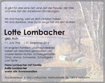 Traueranzeige von Lotte Lombacher 