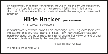Traueranzeige von Hilde Hacker 