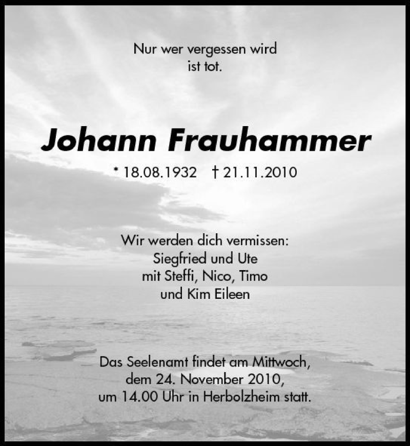  Traueranzeige für Johann Frauhammer vom 23.11.2010 aus 