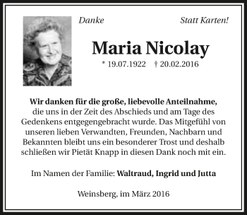 Traueranzeige von Maria Nicolay 