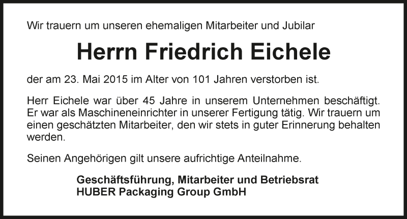  Traueranzeige für Friedrich Eichele vom 28.05.2015 aus 