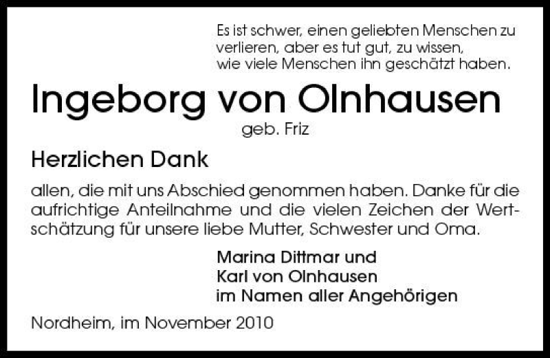  Traueranzeige für Ingeborg von Olnhausen vom 24.11.2010 aus 