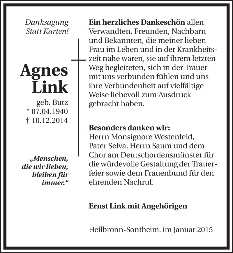  Traueranzeige für Agnes Link vom 31.01.2015 aus 