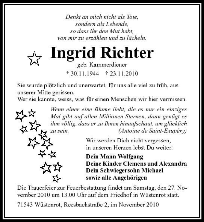  Traueranzeige für Ingrid Richter vom 25.11.2010 aus 